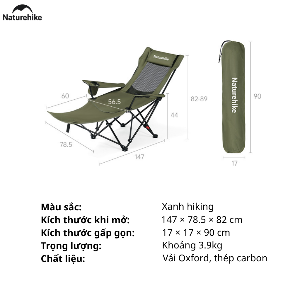 Ghế Xếp Camping Naturehike CNK2550JJ023 Có Gác Chân Lưới Ngả 130° Ghế Dã Ngoại Gấp Gọn Thoáng Khí