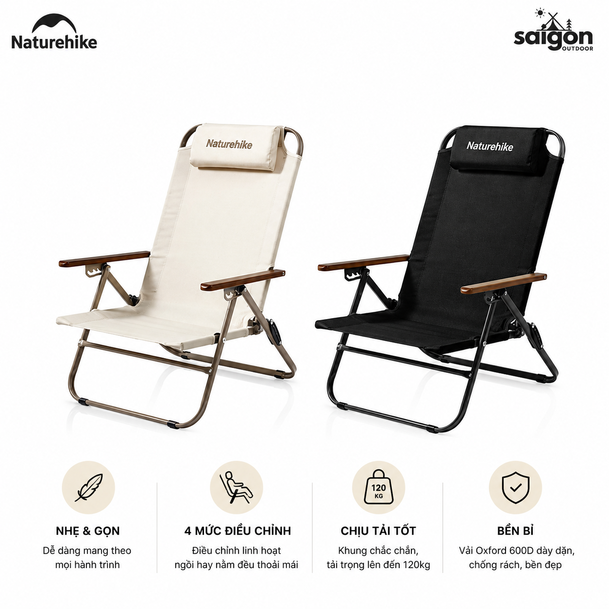 Ghế Xếp Camping Naturehike CNK2550JJ012 Low Chair Gấp Gọn 4 Mức Chỉnh – Ghế Dã Ngoại Tựa Lưng Cao Có Gối