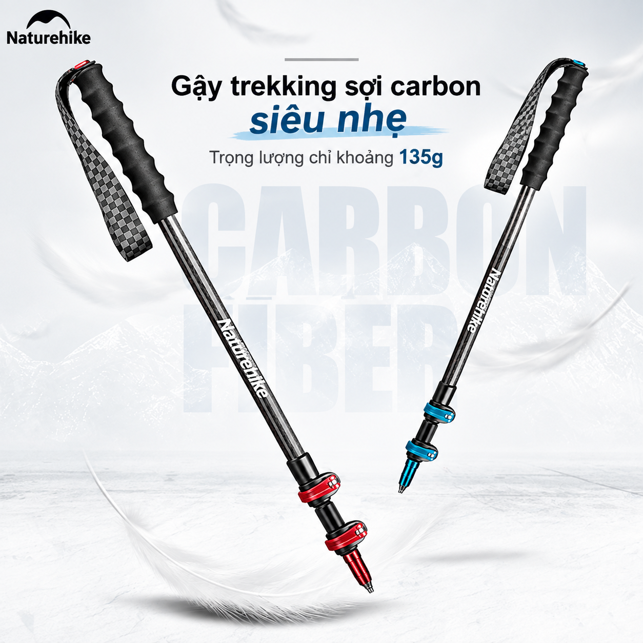 Gậy Trekking Naturehike Sợi Carbon Siêu Nhẹ 135g Gấp Gọn Điều Chỉnh 57-130cm Leo Núi Dã Ngoại NH19S010-T (TẶNG KÈM HỘP)