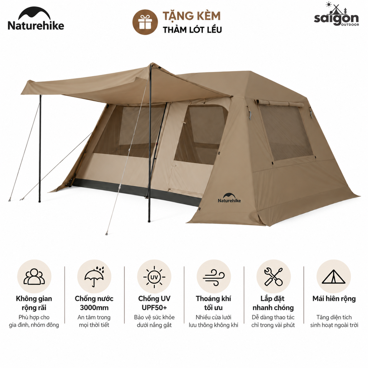 Lều Village 13 Naturehike Tự Bung 6-8 Người, Lều Camping Gia Đình Siêu Rộng 18m² Chống Nắng Chống Mưa (TẶNG THẢM) - CNK2550WS042