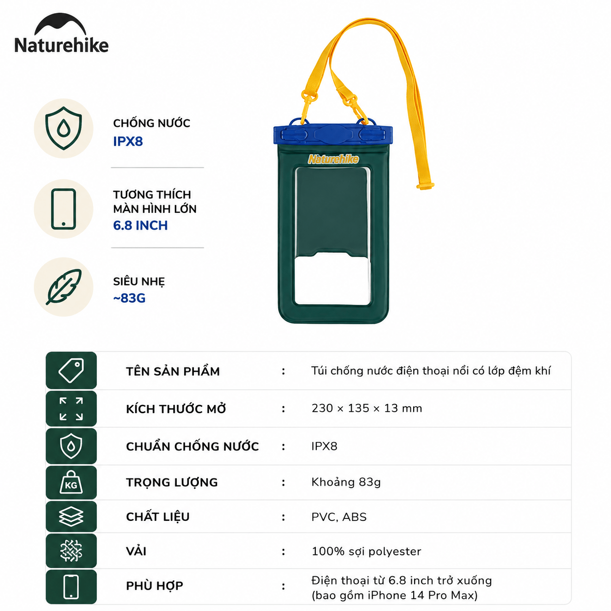 Túi chống nước bảo vệ điện thoại NATUREHIKE CNK2300BS015 – Dùng khi đi mưa, đi biển, du lịch