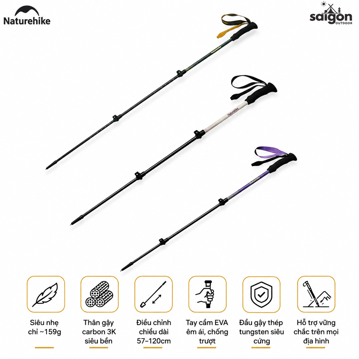 Gậy Leo Núi Naturehike CNK2300DS010 Carbon 3K Siêu Nhẹ – Gậy Trekking Gấp Gọn Điều Chỉnh Chiều Cao
