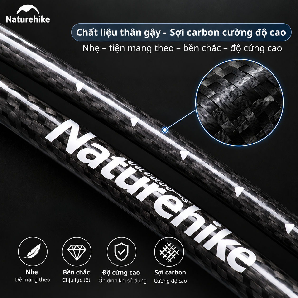 Gậy Trekking Naturehike Sợi Carbon Siêu Nhẹ 135g Gấp Gọn Điều Chỉnh 57-130cm Leo Núi Dã Ngoại NH19S010-T (TẶNG KÈM HỘP)
