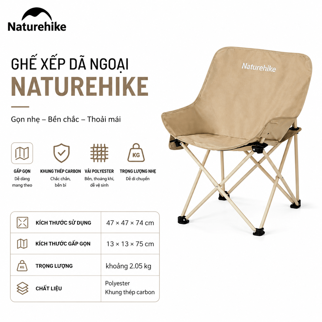Ghế Mặt Trăng Naturehike CNH23JU13002 Gấp Gọn Có Túi Đựng Ghế Dã Ngoại Khung Thép Carbon