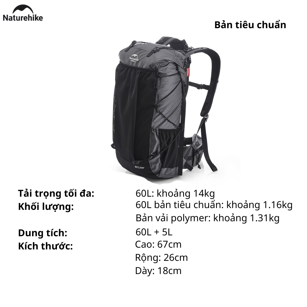 Balo Leo Núi Naturehike 60L Siêu Nhẹ Chống Nước Khung Nhôm Trekking Hiking Camping