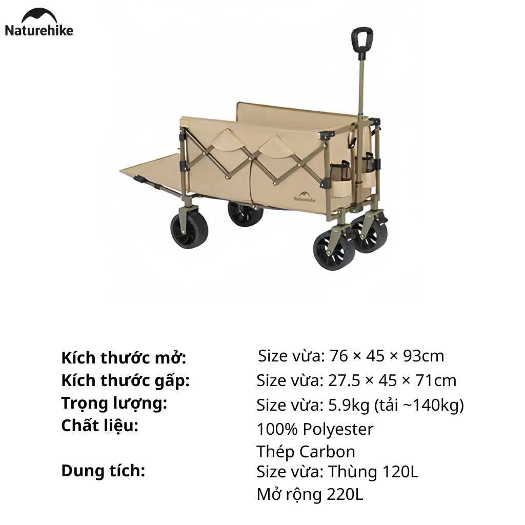 Xe Kéo Gấp Gọn CNK2350JJ012 Naturehike - Xe Đẩy Camping Dã Ngoại Có Phanh, Gấp Gọn, Mở Rộng Đuôi Xe