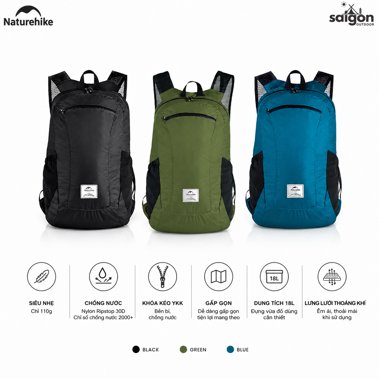 Balo Gấp Gọn Naturehike NH17A012-B 18L Siêu Nhẹ Chống Nước Du Lịch Leo Núi Dã Ngoại