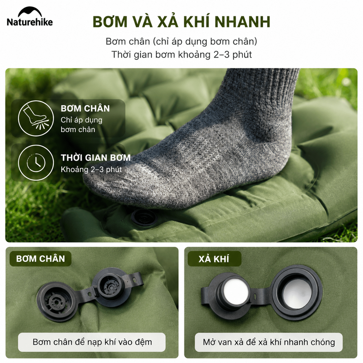 Đệm Hơi Đôi Naturehike CNK2550WS019 Đạp Chân 200x125cm Nệm Hơi Camping Gấp Gọn Có Gối Tích Hợp