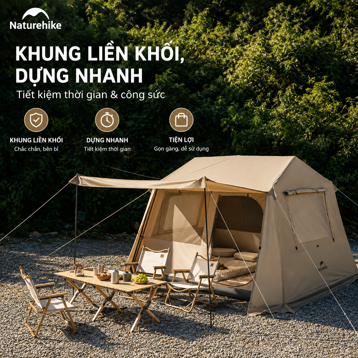 Lều Village 6.0 Tự Bung Cao Cấp Naturehike CNK2550WS043 Cao 1m8, Thiết Kế 2 Lớp Oxford 150D Kết Hợp Polyester 75D Chống Rách (TẶNG KÈM THẢM LÓT)