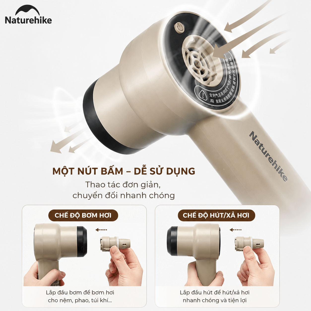 Máy Bơm Hơi Cầm Tay Mini CNK2450ZM017 Naturehike Sạc Type-C Đa Năng