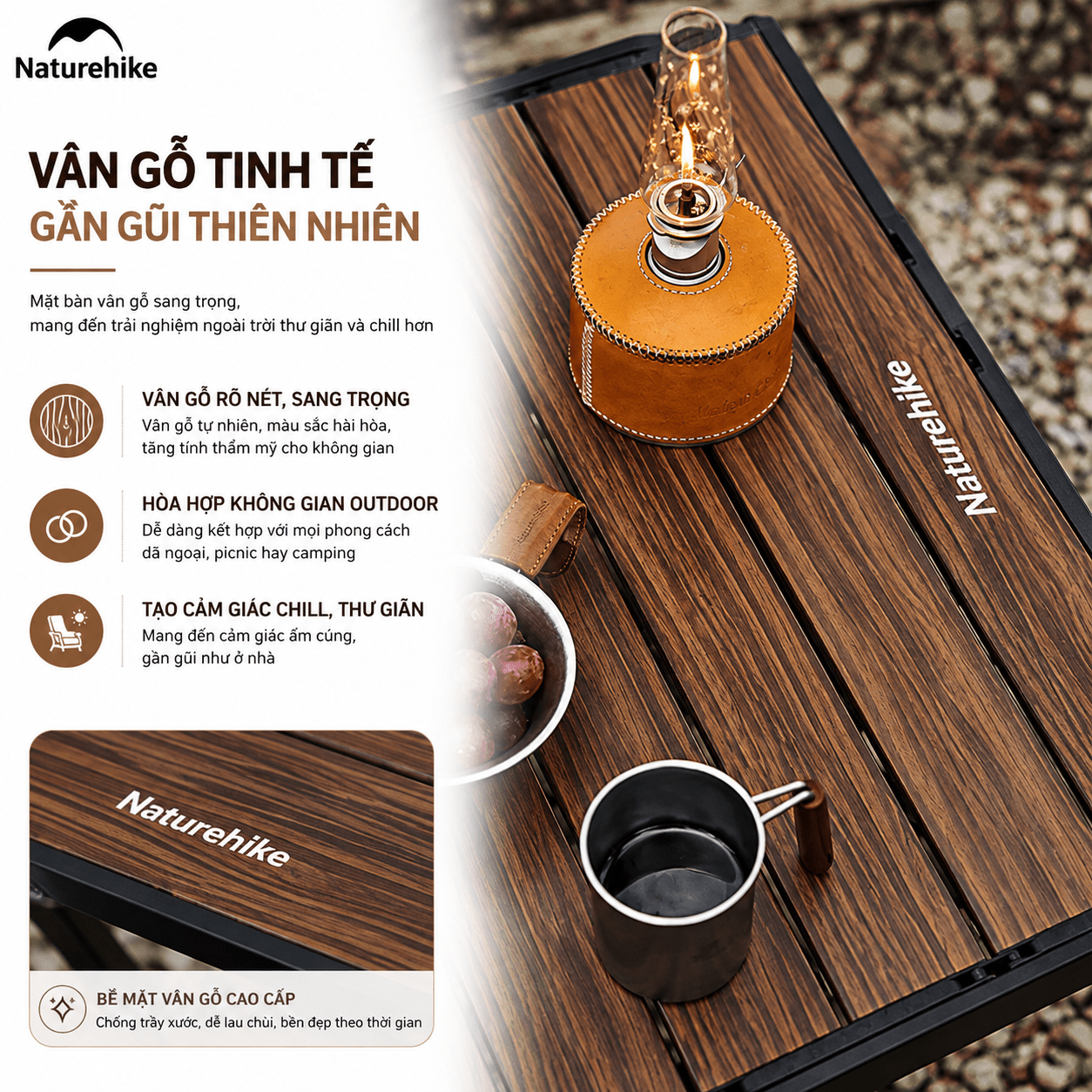Bàn gấp gọn hợp kim nhôm - phủ vân gỗ chống nước bền bỉ, Kích thước 125×60cm - Naturehike CNH22JU043