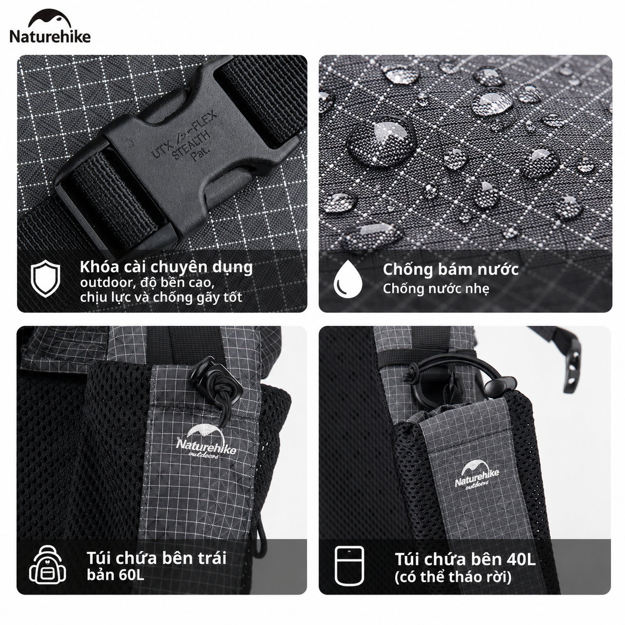 Balo Leo Núi Naturehike 60L Siêu Nhẹ Chống Nước Khung Nhôm Trekking Hiking Camping