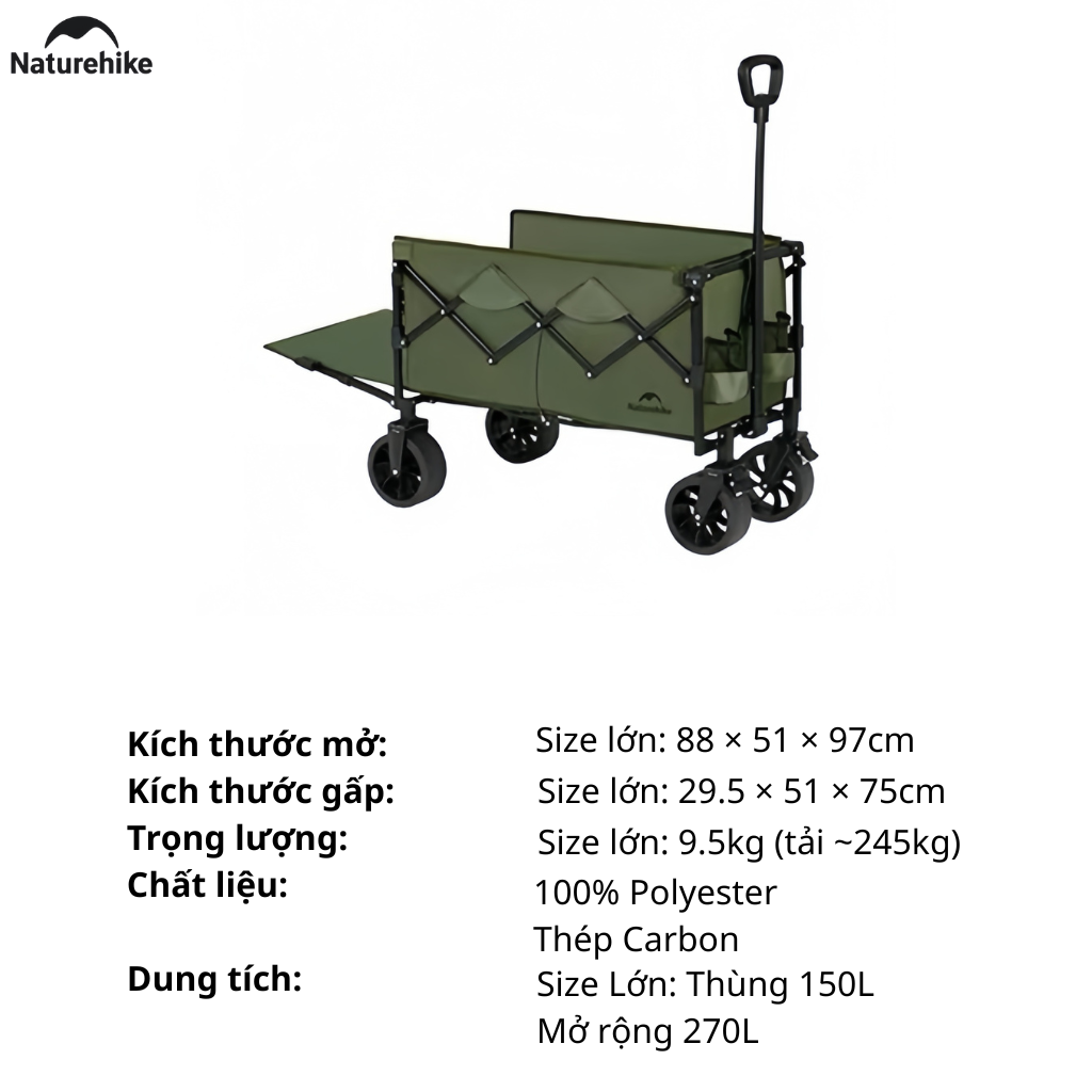 Xe Kéo Gấp Gọn CNK2350JJ012 Naturehike - Xe Đẩy Camping Dã Ngoại Có Phanh, Gấp Gọn, Mở Rộng Đuôi Xe