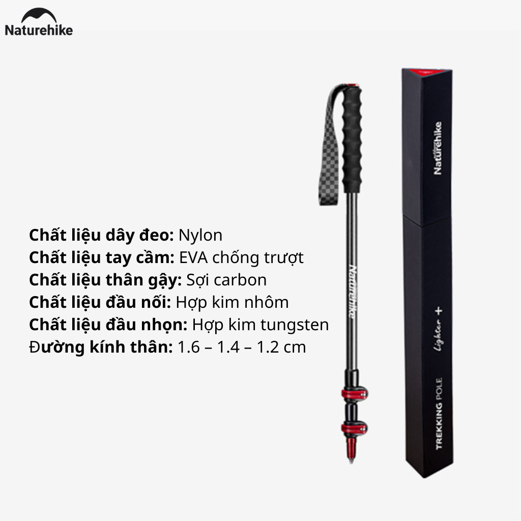Gậy Trekking Naturehike NH19S010-T Sợi Carbon Siêu Nhẹ 135g Gấp Gọn Điều Chỉnh 57-130cm Leo Núi Dã Ngoại (TẶNG KÈM HỘP)
