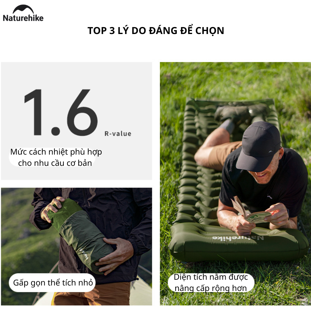 Đệm Hơi Đôi Naturehike CNK2550WS019 Đạp Chân 200x125cm Nệm Hơi Camping Gấp Gọn Có Gối Tích Hợp