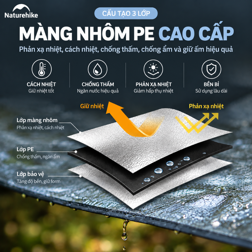Thảm Picnic Naturehike NH20FCD03 200x200cm Chống Nước Gấp Gọn Thảm Dã Ngoại Cắm Trại Đa Năng Lót Lều