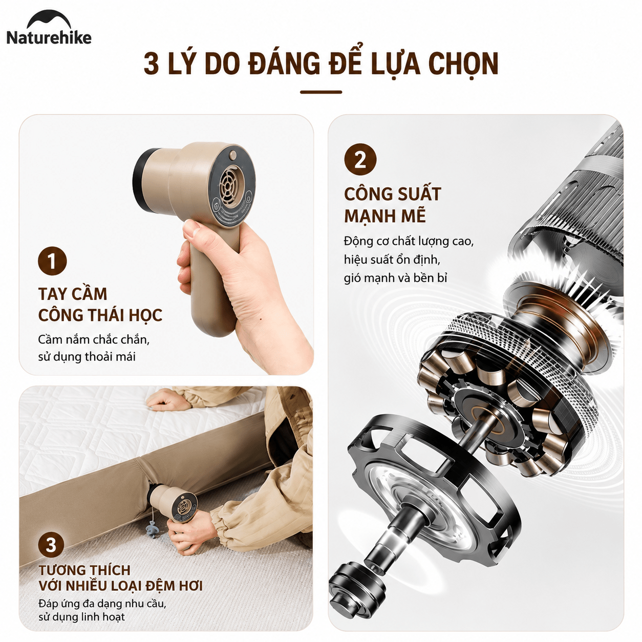 Máy Bơm Hơi Cầm Tay Mini CNK2450ZM017 Naturehike Sạc Type-C Đa Năng