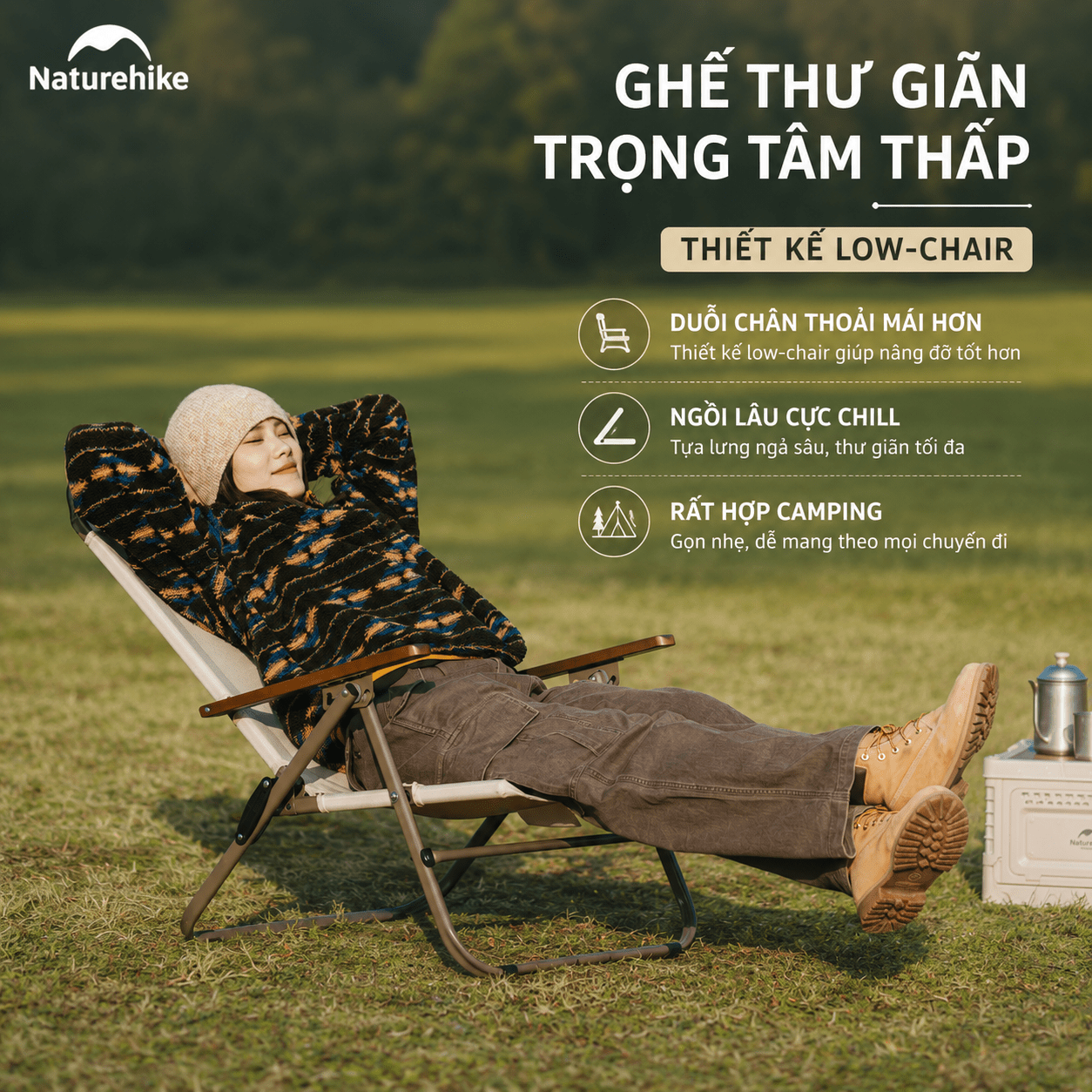 Ghế Xếp Camping Naturehike CNK2550JJ012 Low Chair Gấp Gọn 4 Mức Chỉnh – Ghế Dã Ngoại Tựa Lưng Cao Có Gối
