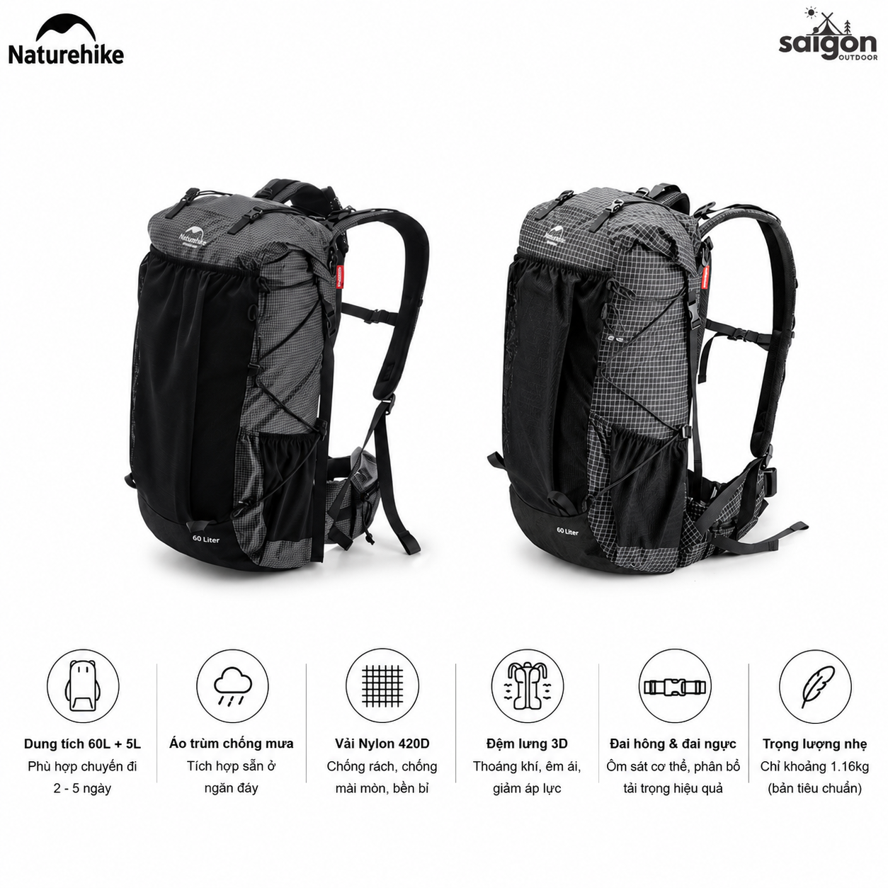 Balo Leo Núi Naturehike 60L Siêu Nhẹ Chống Nước Khung Nhôm Trekking Hiking Camping