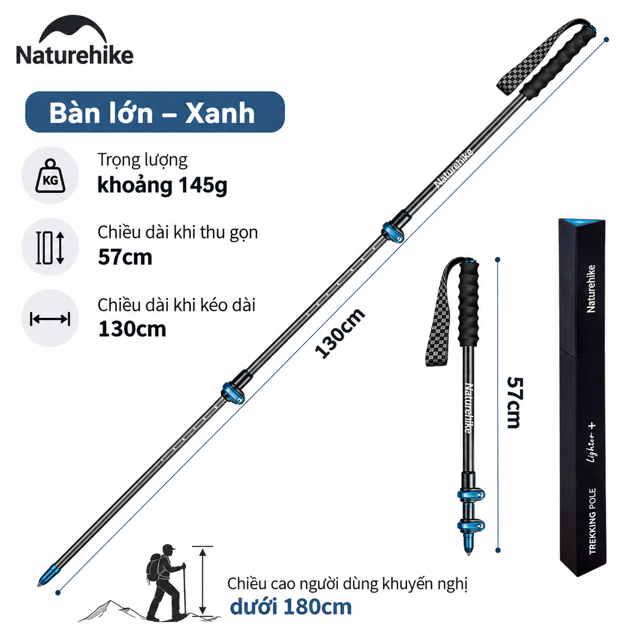 Gậy Trekking Naturehike Sợi Carbon Siêu Nhẹ 135g Gấp Gọn Điều Chỉnh 57-130cm Leo Núi Dã Ngoại NH19S010-T (TẶNG KÈM HỘP)
