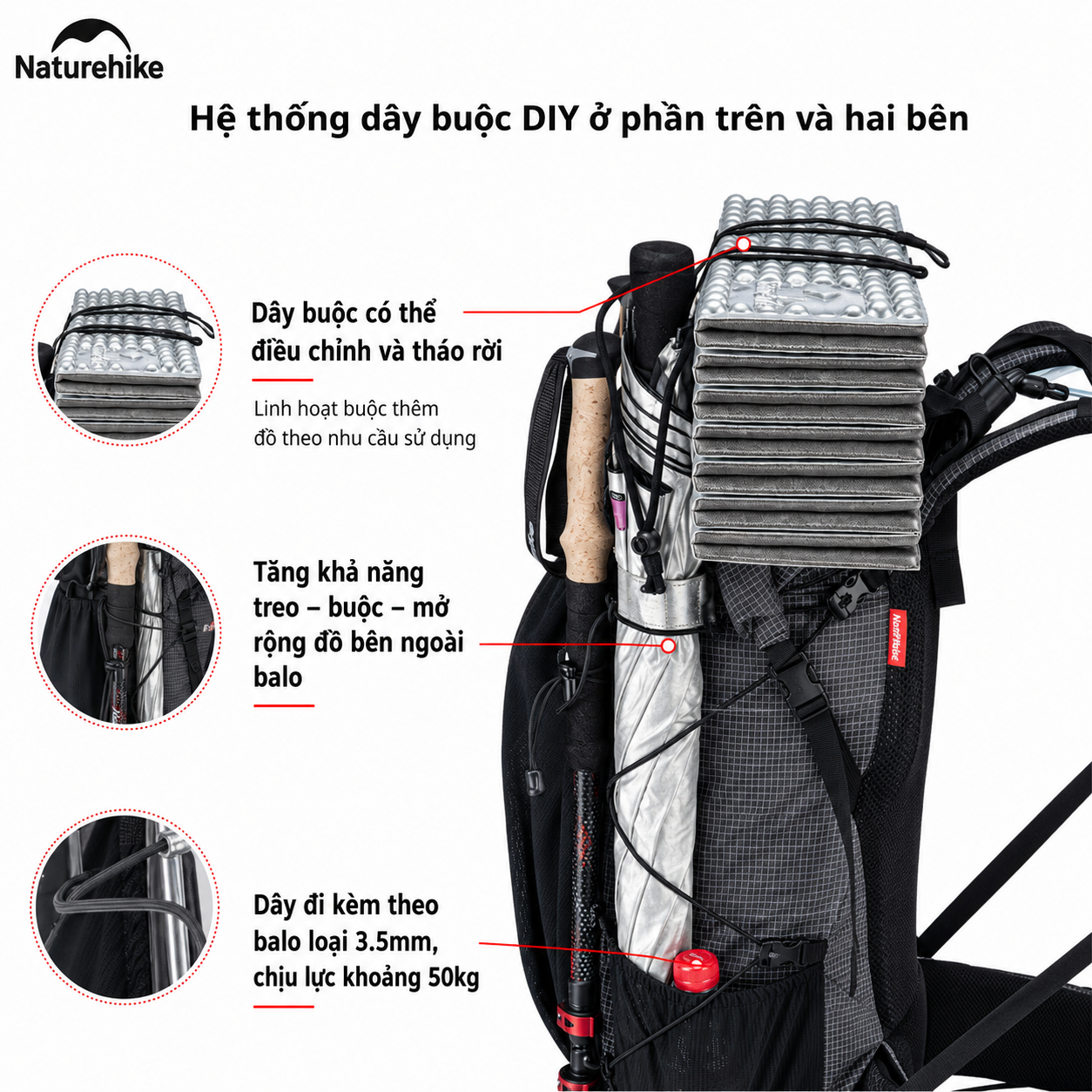 Balo Leo Núi Naturehike 60L Siêu Nhẹ Chống Nước Khung Nhôm Trekking Hiking Camping