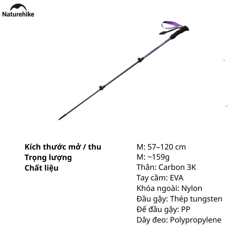 Gậy Leo Núi Naturehike CNK2300DS010 Carbon 3K Siêu Nhẹ – Gậy Trekking Gấp Gọn Điều Chỉnh Chiều Cao
