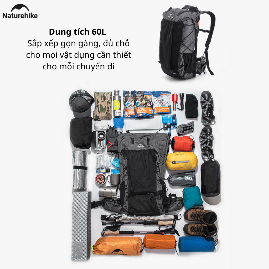 Balo Leo Núi Naturehike 60L Siêu Nhẹ Chống Nước Khung Nhôm Trekking Hiking Camping