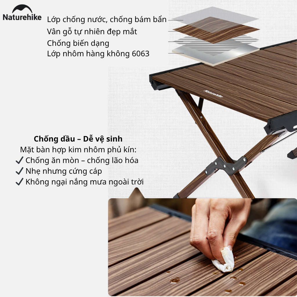 Bàn Camping Vân Gỗ Gấp Gọn CNH22JU043 Naturehike – Mặt Bàn Lớn, Khung Nhôm Chắc Chắn, Setup Outdoor Sang Trọng