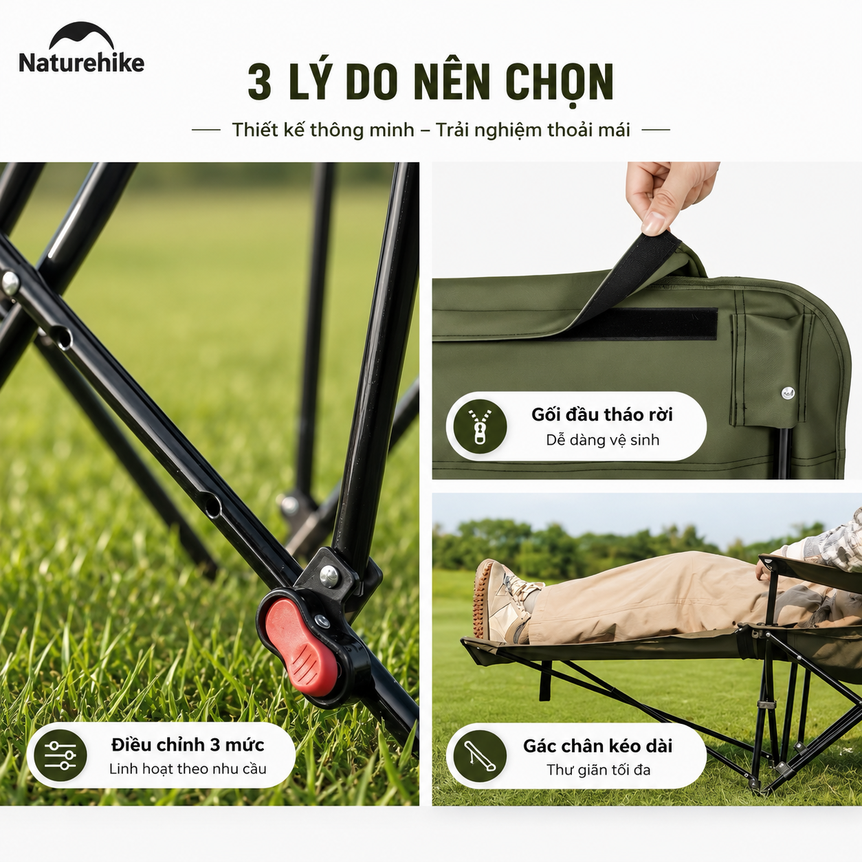 Ghế Xếp Ngả Lưng Camping CNK2550JJ019 Naturehike – Gác Chân Kéo Dài, Chỉnh 3 Mức Thư Giãn
