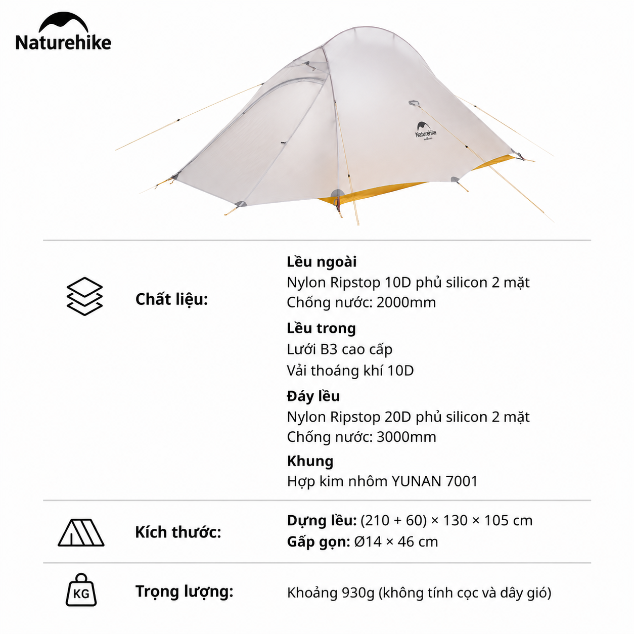 Lều Naturehike NH19ZP017 Cloud Up 1 Người Siêu Nhẹ 930g Chống Nước 3000mm Lều Camping Dã Ngoại