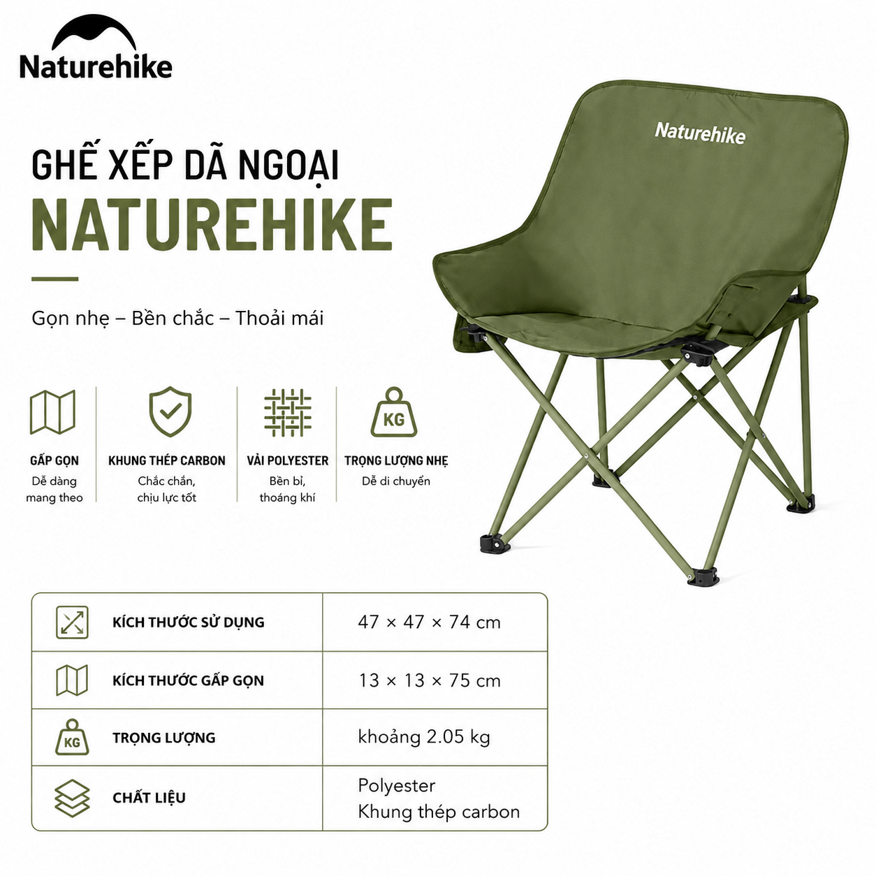 Ghế Mặt Trăng Naturehike CNH23JU13002 Gấp Gọn Có Túi Đựng Ghế Dã Ngoại Khung Thép Carbon