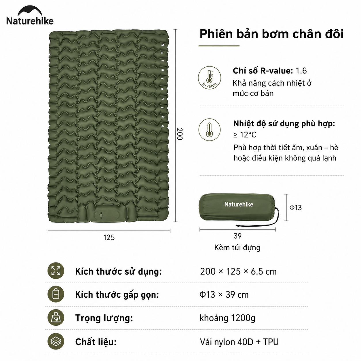 Đệm Hơi Đôi Naturehike CNK2550WS019 Đạp Chân 200x125cm Nệm Hơi Camping Gấp Gọn Có Gối Tích Hợp
