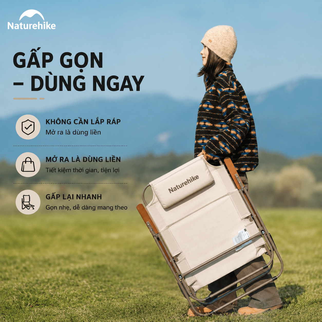 Ghế Xếp Camping Naturehike CNK2550JJ012 Low Chair Gấp Gọn 4 Mức Chỉnh – Ghế Dã Ngoại Tựa Lưng Cao Có Gối