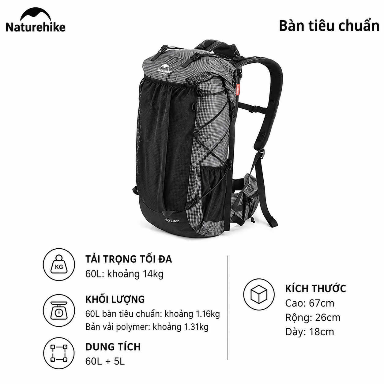 Balo Leo Núi Naturehike 60L Siêu Nhẹ Chống Nước Khung Nhôm Trekking Hiking Camping