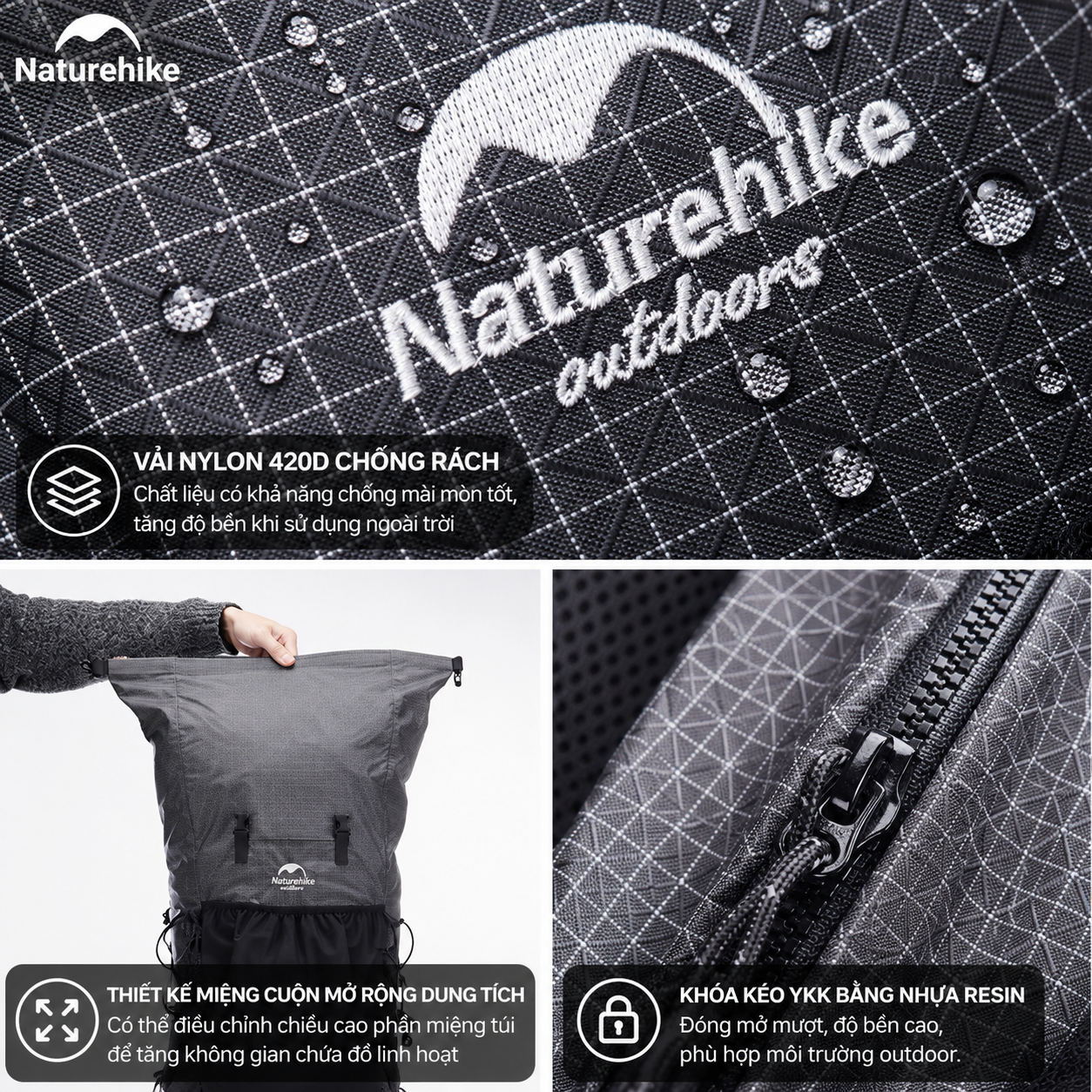 Balo Leo Núi Naturehike 60L Siêu Nhẹ Chống Nước Khung Nhôm Trekking Hiking Camping