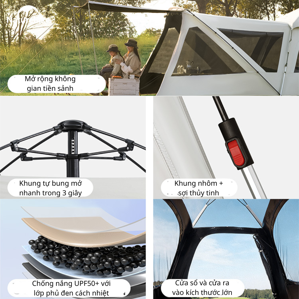 Lều Cắm Trại Tự Bung Naturehike CNK2650WS019 Có Tiền Sảnh 4 Người Chống Nắng UPF50+ Dựng Nhanh 3 Giây