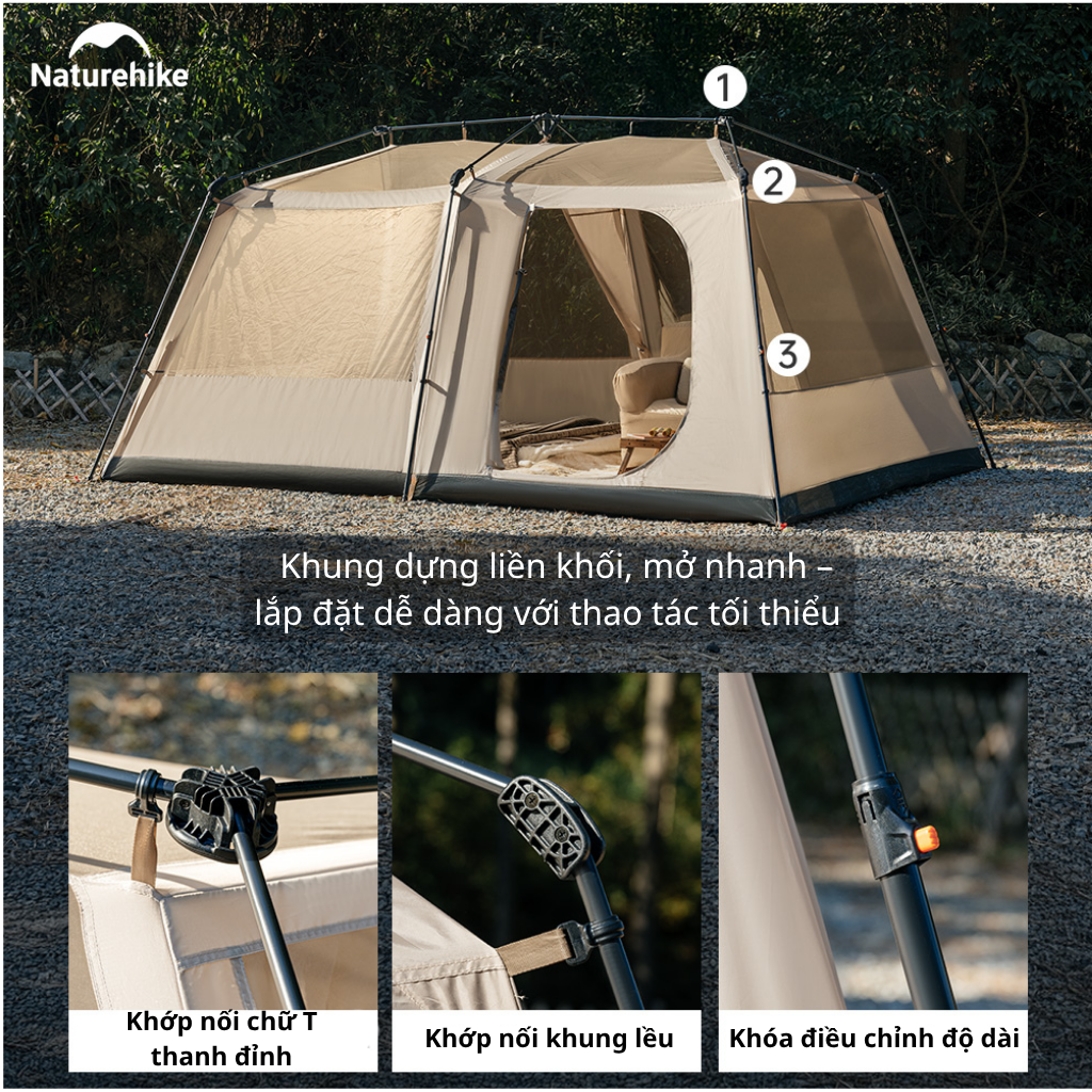 (TẶNG KÈM THẢM)Lều Cắm Trại Naturehike CNK2550WS042 Tự Bung 4-6 Người, Lều Gia Đình Camping Ngoài Trời Siêu Rộng 18m²