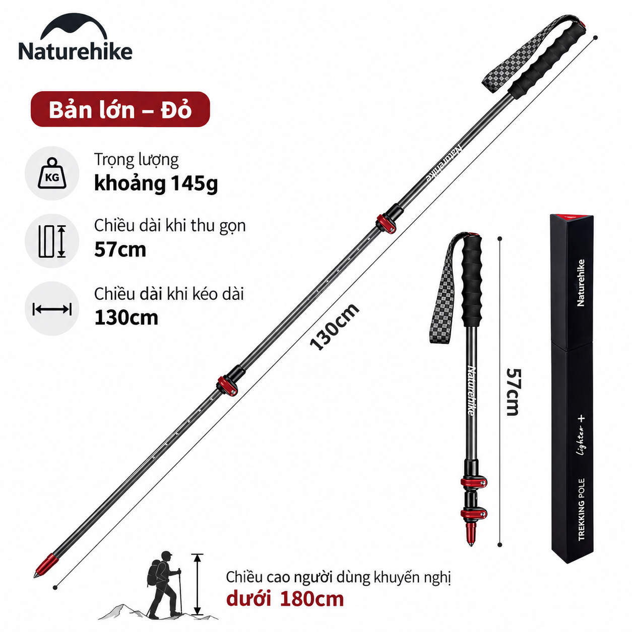 Gậy Trekking Naturehike Sợi Carbon Siêu Nhẹ 135g Gấp Gọn Điều Chỉnh 57-130cm Leo Núi Dã Ngoại NH19S010-T (TẶNG KÈM HỘP)