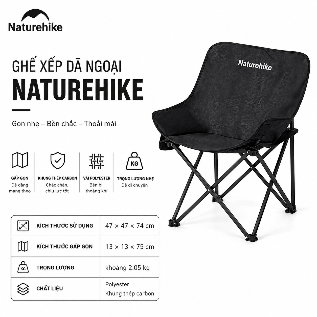 Ghế Mặt Trăng Naturehike CNH23JU13002 Gấp Gọn Có Túi Đựng Ghế Dã Ngoại Khung Thép Carbon