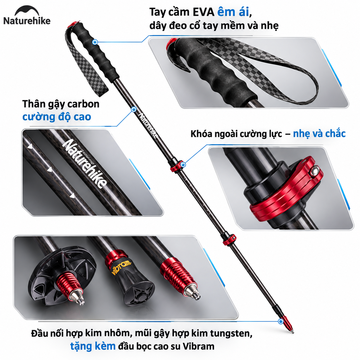 Gậy Trekking Naturehike Sợi Carbon Siêu Nhẹ 135g Gấp Gọn Điều Chỉnh 57-130cm Leo Núi Dã Ngoại NH19S010-T (TẶNG KÈM HỘP)