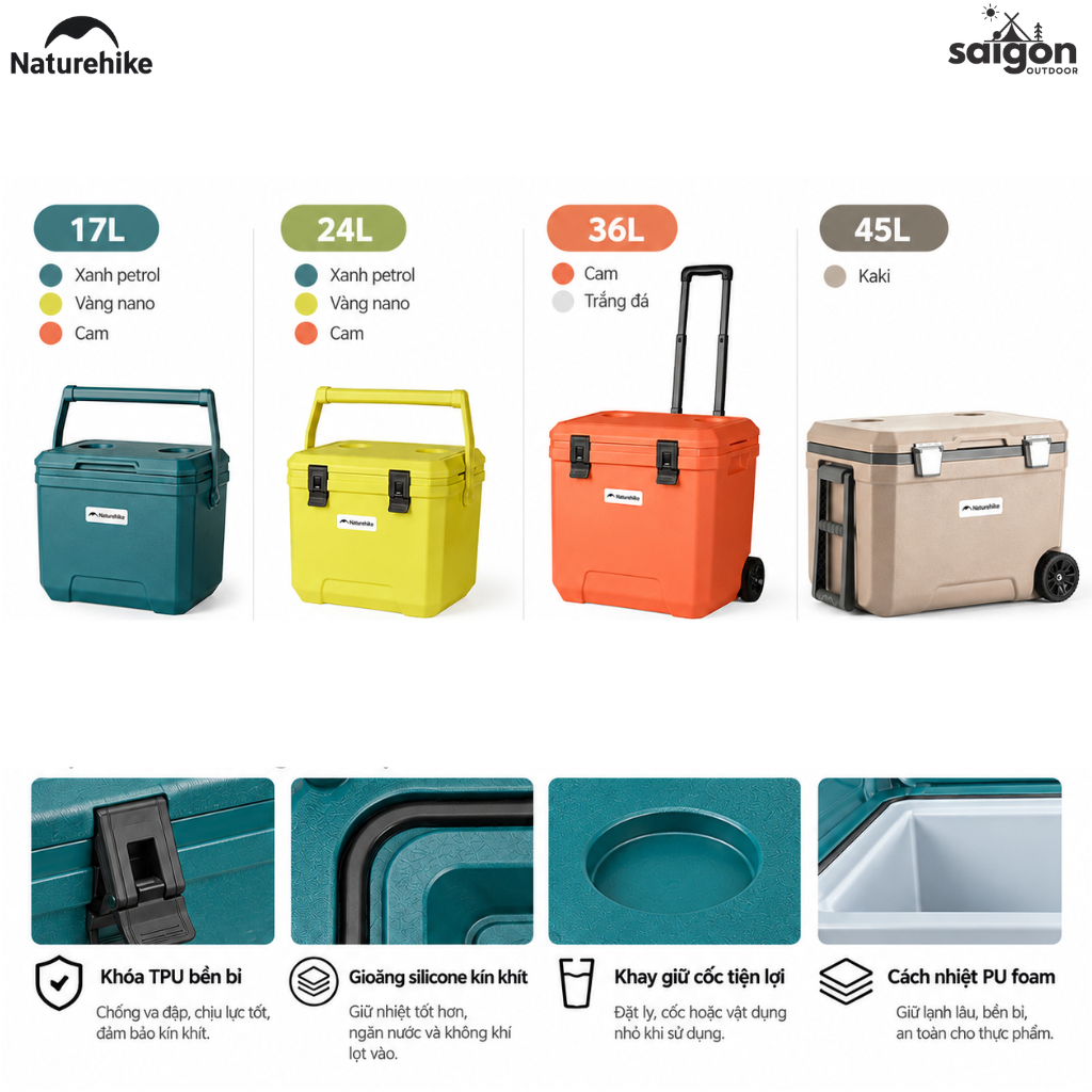 Thùng Giữ Nhiệt Naturehike 17L 24L 36L 45L | Thùng Đá Camping Có Bánh Xe Giữ Lạnh Dã Ngoại Picnic CNK2650CF012