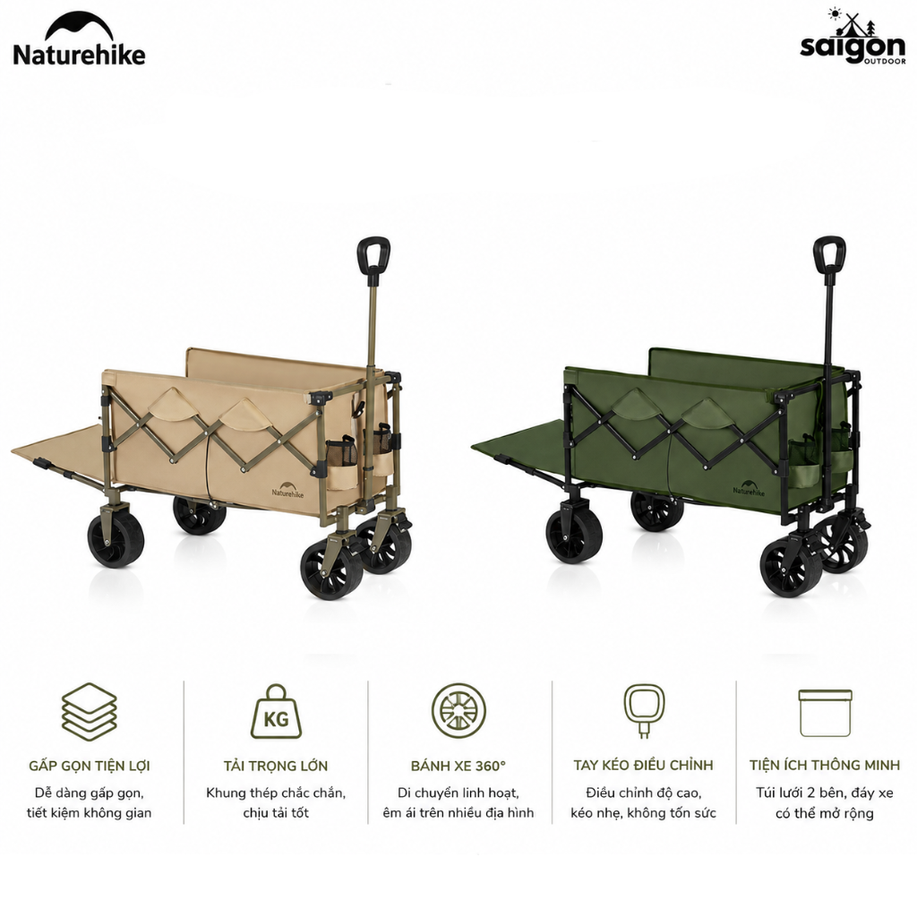 Xe Kéo Gấp Gọn CNK2350JJ012 Naturehike - Xe Đẩy Camping Dã Ngoại Có Phanh, Gấp Gọn, Mở Rộng Đuôi Xe