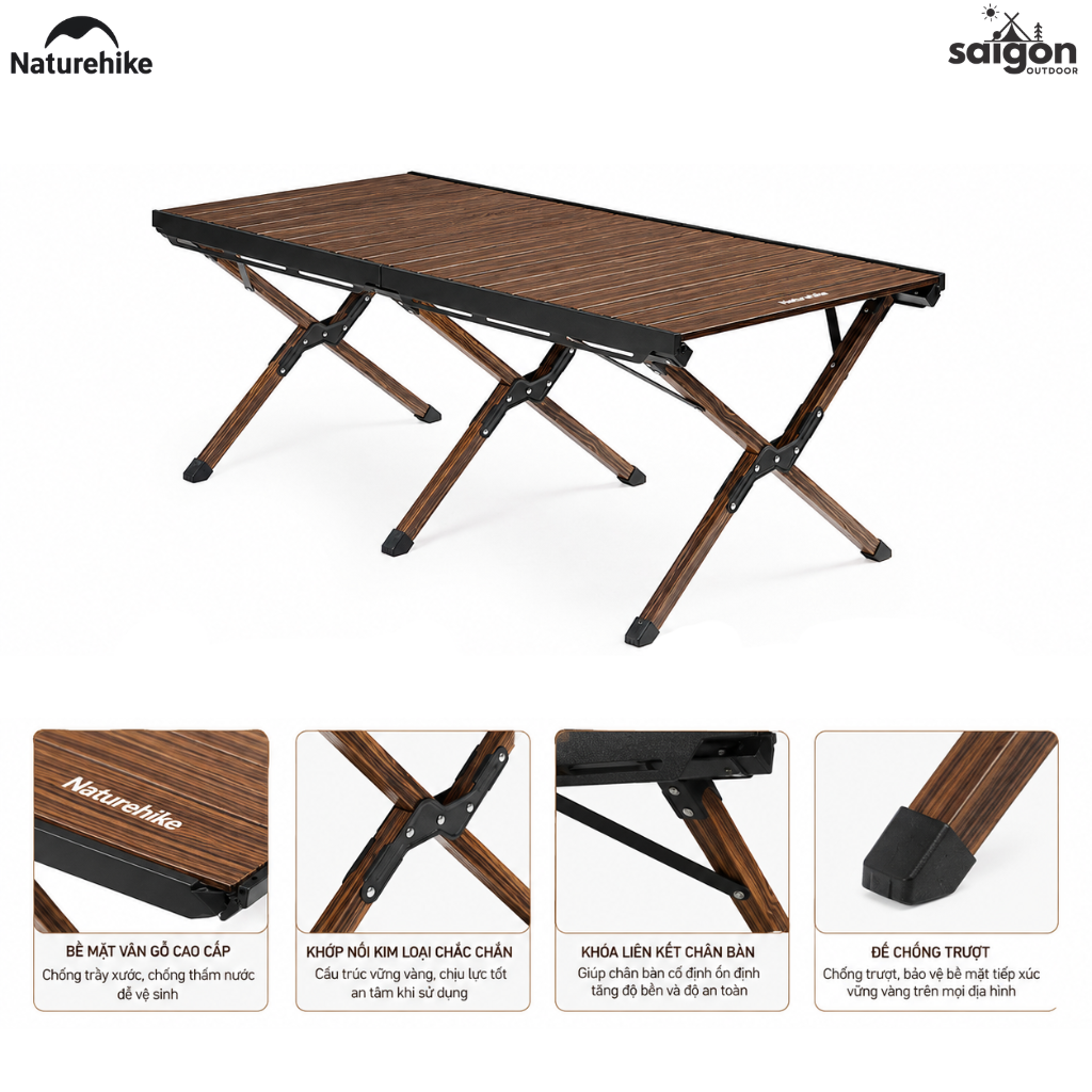 Bàn Camping Vân Gỗ Gấp Gọn CNH22JU043 Naturehike – Mặt Bàn Lớn, Khung Nhôm Chắc Chắn, Setup Outdoor Sang Trọng