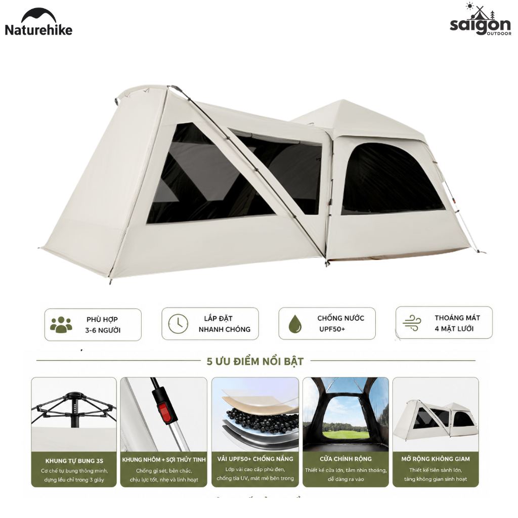 Lều Cắm Trại Tự Bung Naturehike CNK2650WS019 Có Tiền Sảnh 4 Người Chống Nắng UPF50+ Dựng Nhanh 3 Giây