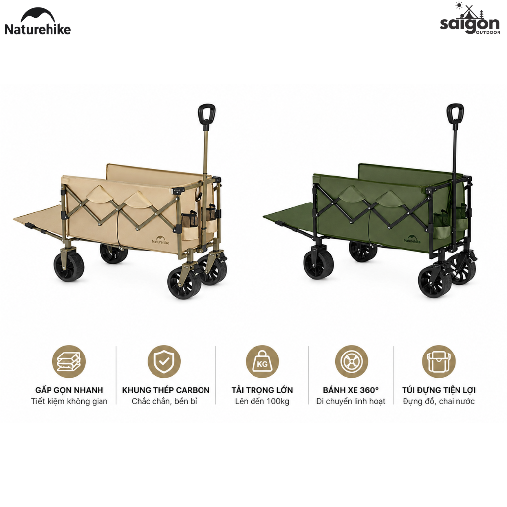 Xe Kéo Gấp Gọn CNK2350JJ012 Naturehike - Xe Đẩy Camping Dã Ngoại Có Phanh, Gấp Gọn, Mở Rộng Đuôi Xe