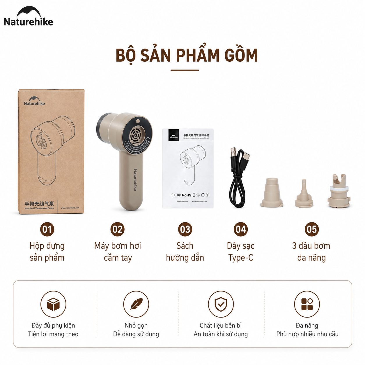 Máy Bơm Hơi Cầm Tay Mini CNK2450ZM017 Naturehike Sạc Type-C Đa Năng