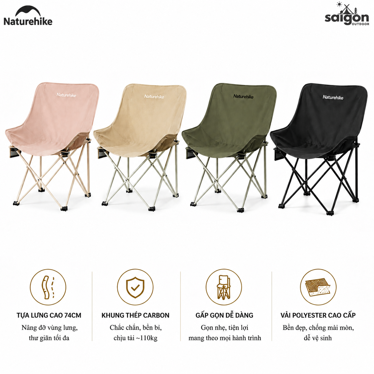 Ghế Mặt Trăng Naturehike CNH23JU13002 Gấp Gọn Có Túi Đựng Ghế Dã Ngoại Khung Thép Carbon