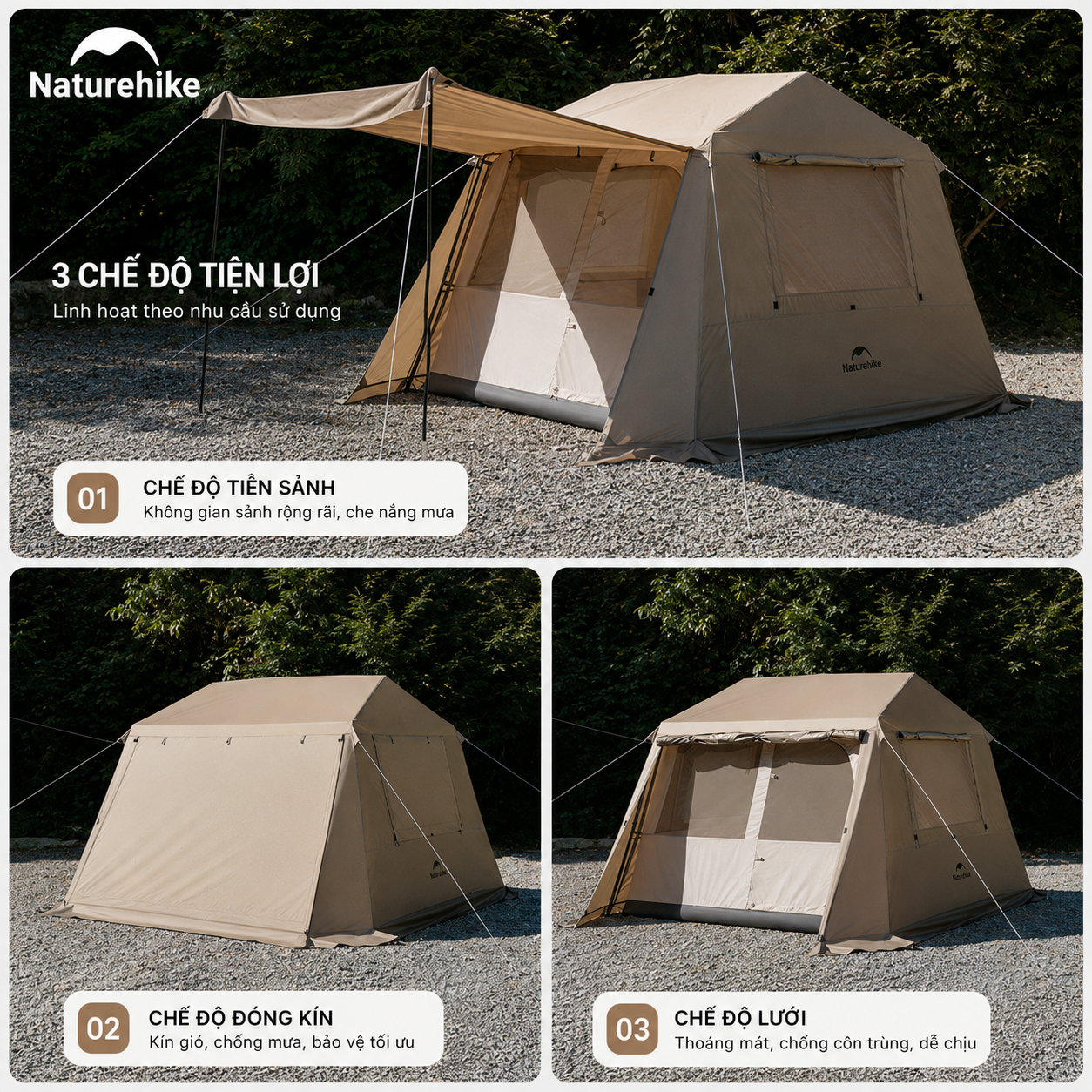 Lều Village 6.0 Tự Bung Cao Cấp Naturehike CNK2550WS043 Cao 1m8, Thiết Kế 2 Lớp Oxford 150D Kết Hợp Polyester 75D Chống Rách (TẶNG KÈM THẢM LÓT)