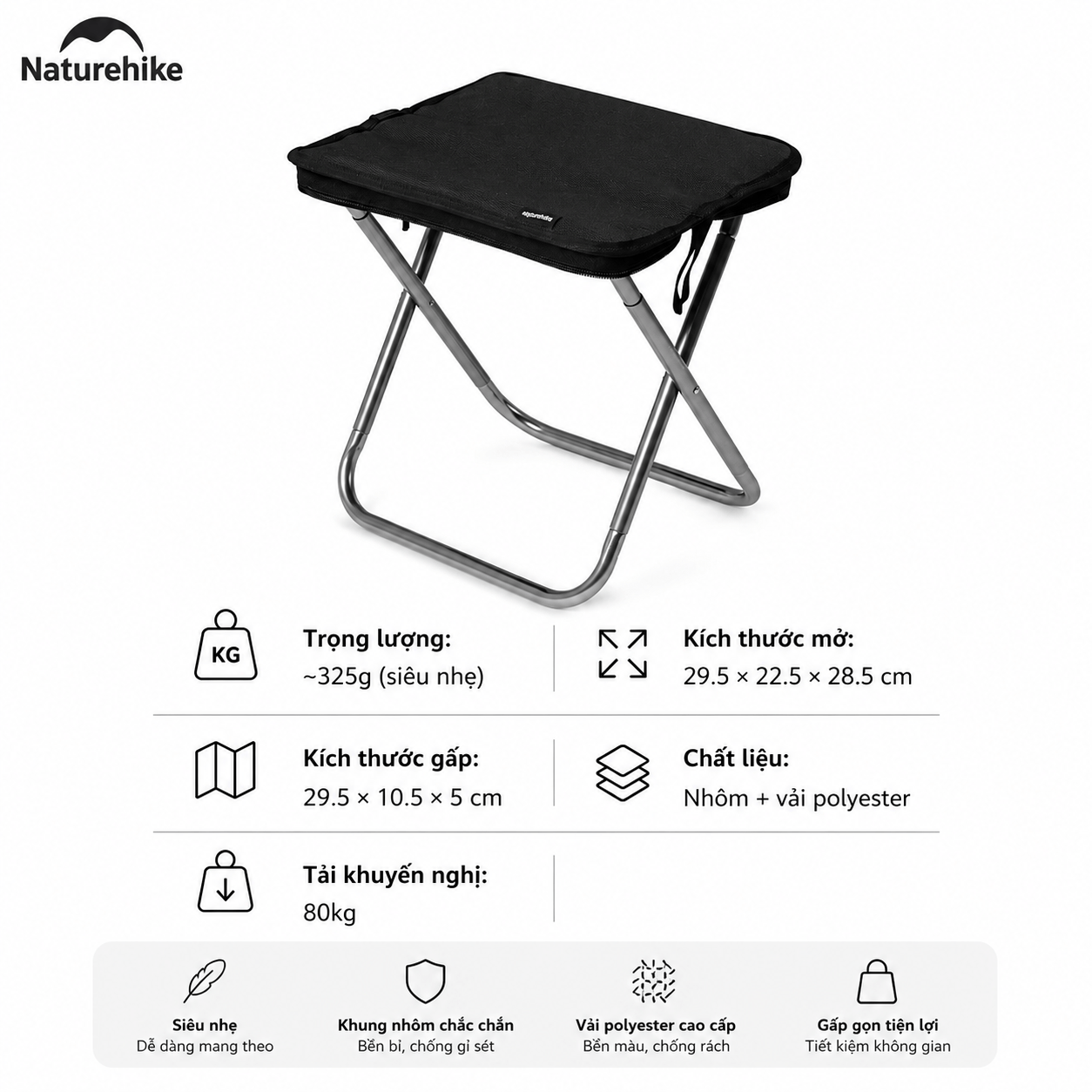 Ghế Camping Mini Naturehike Gấp Gọn Siêu Nhẹ 325g – Ghế Dã Ngoại Câu Cá Picnic