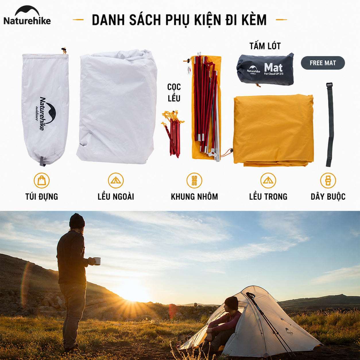 Lều Naturehike NH19ZP017 Cloud Up 1 Người Siêu Nhẹ 930g Chống Nước 3000mm Lều Camping Dã Ngoại